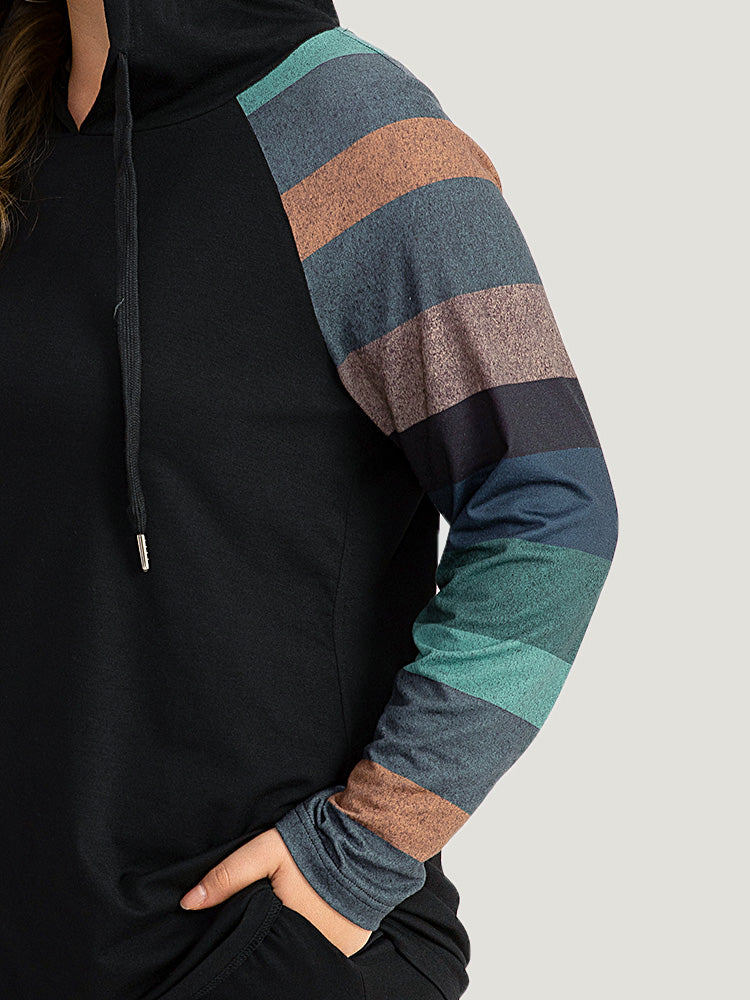 Striped Patchwork Contrast Hooded Raglan Sleeve T-shirt-Sweetccc