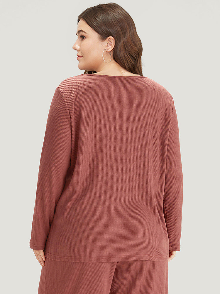 Solid Waffle Knit V Neck Button Up Woven Top-Sweetccc