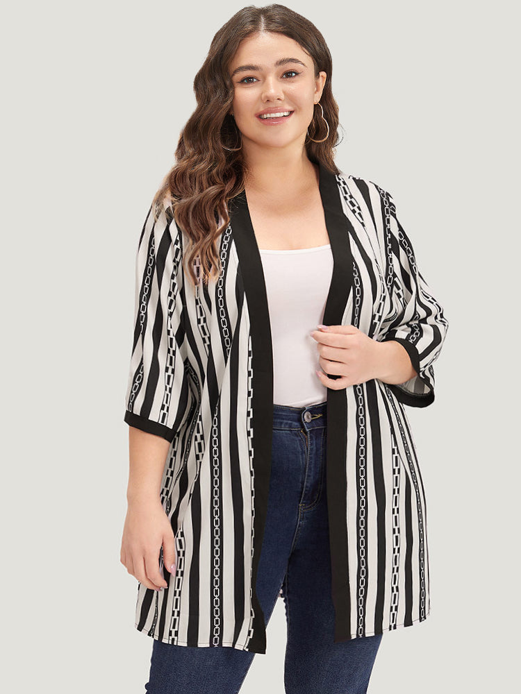 Striped Patchwork Contrast Open Front Kimono-Sweetccc