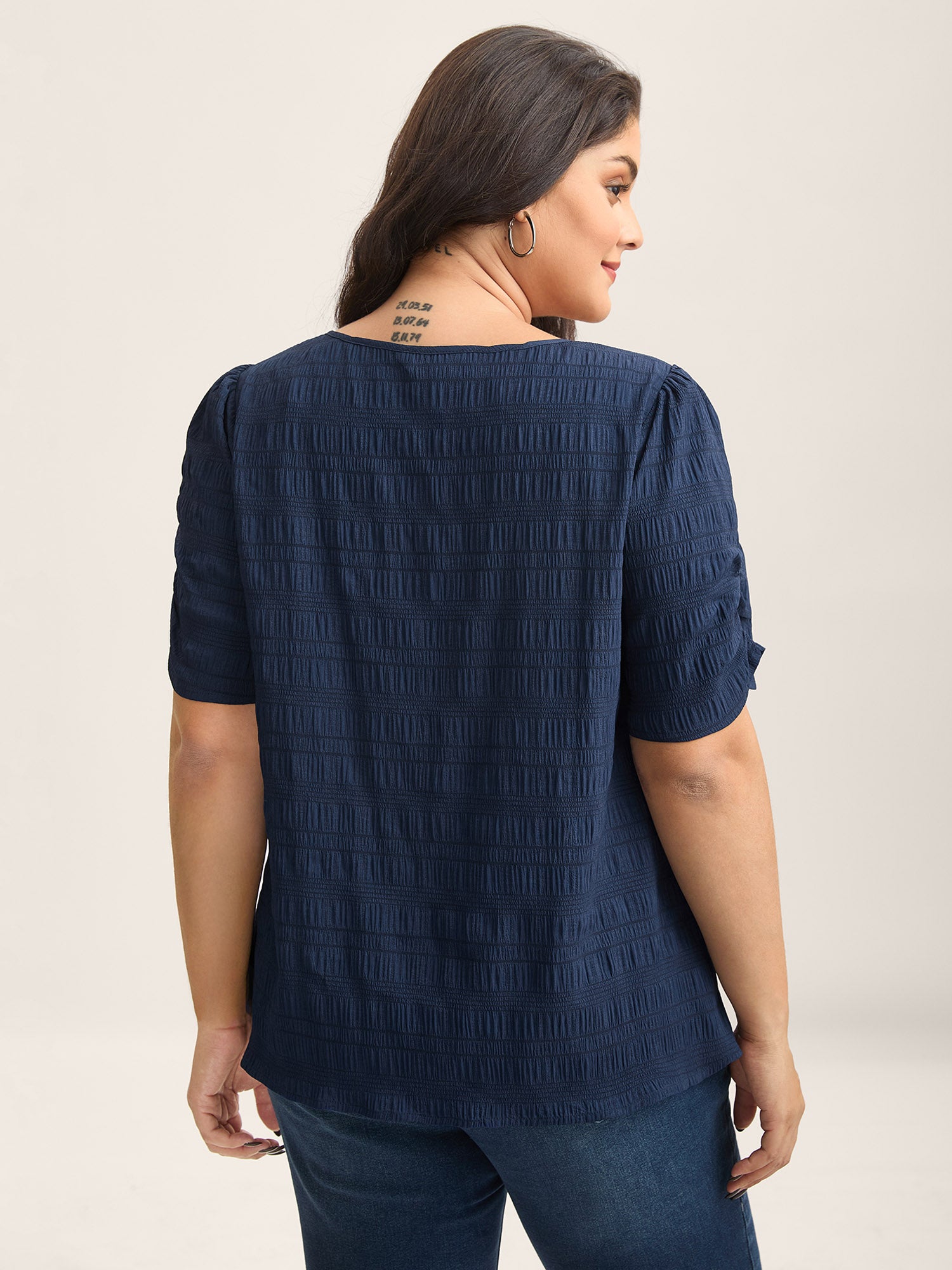 Textured Gathered Sleeve Split Neck Blouse-Sweetccc
