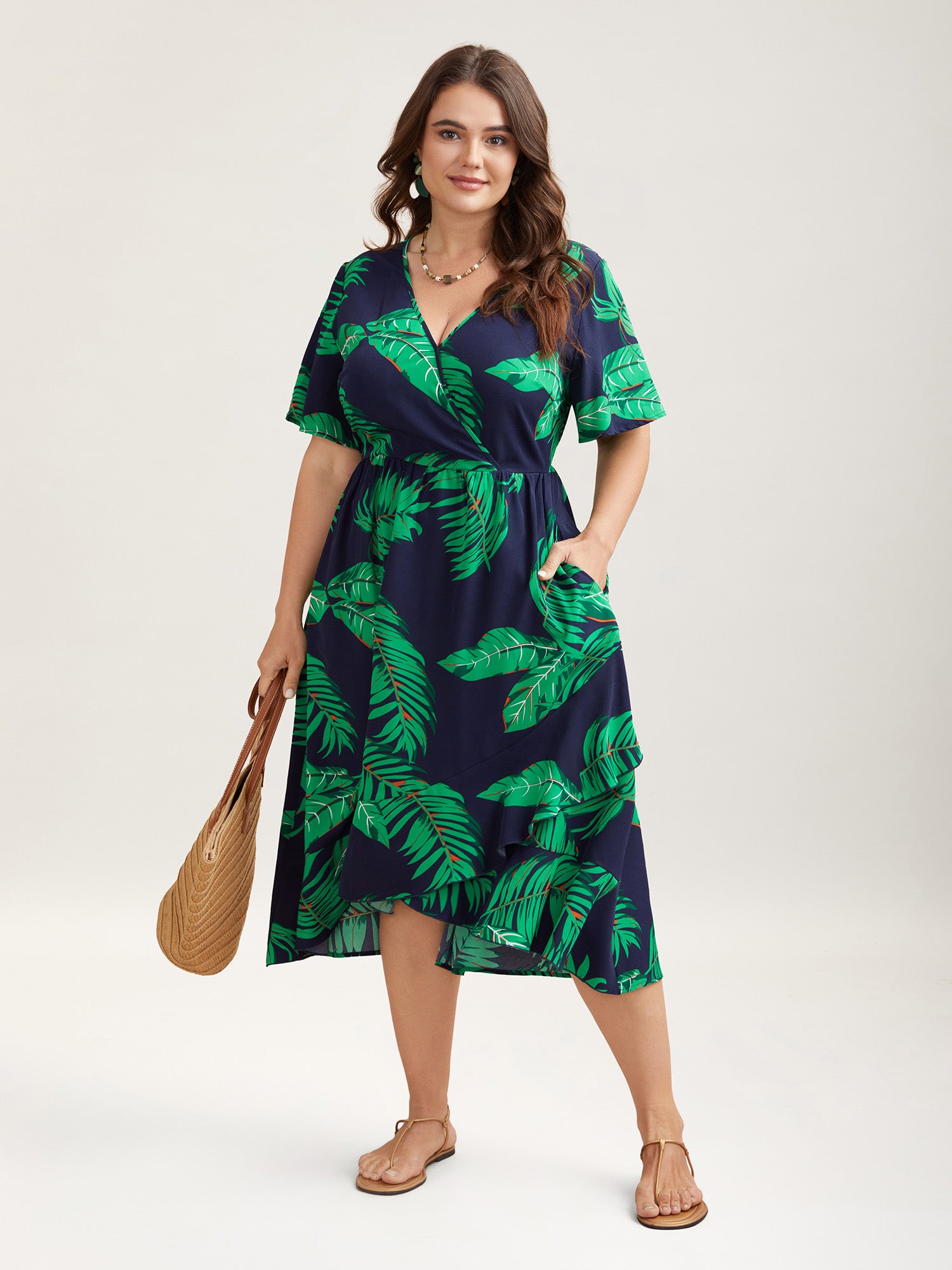 Tropical Leaf Print Surplice Neck Midi Dress-Sweetccc