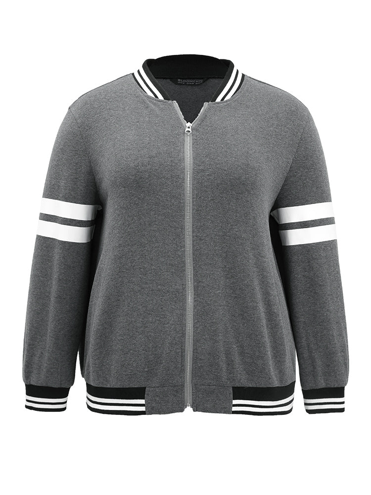 Striped Patchwork Contrast Pocket Zipper Bomber Jacket-Sweetccc