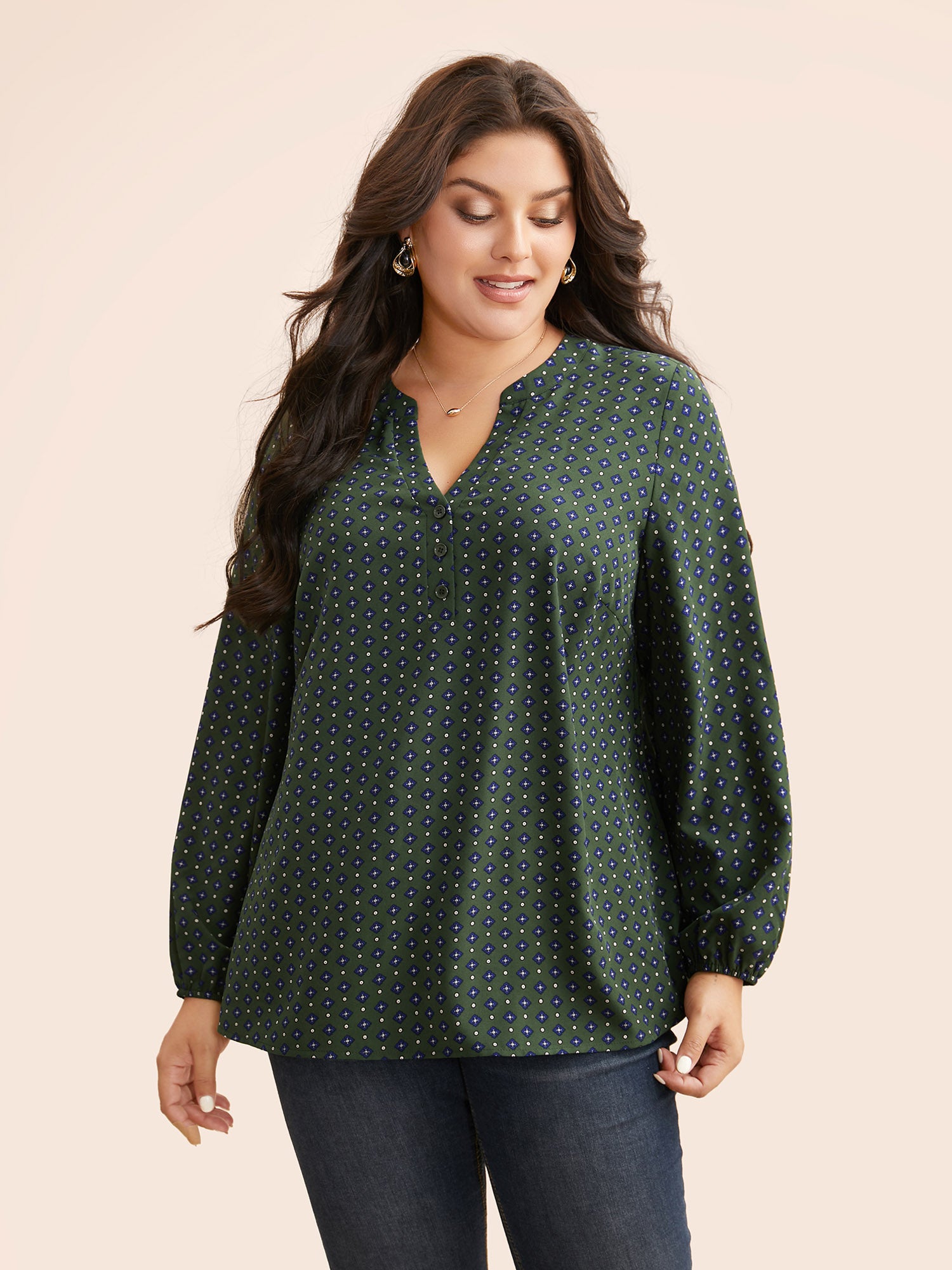 Notched Geometric Button Up Blouse-Sweetccc