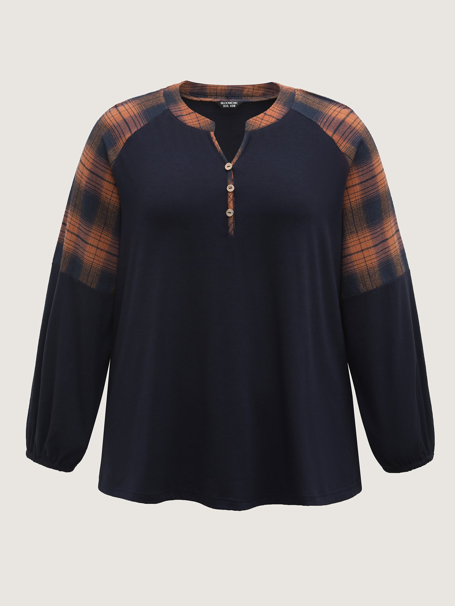 Stretchy Plaid Sleeve Split Neck T-Shirt-Sweetccc