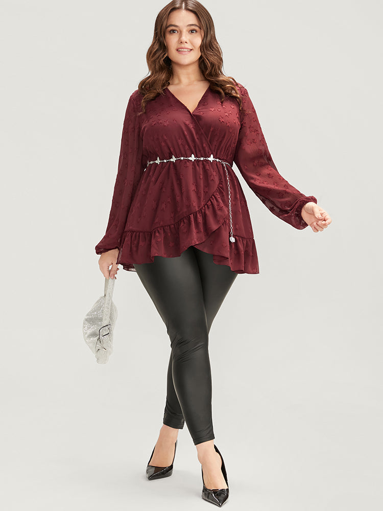 Star Mesh Lantern Sleeve Surplice Neck Ruffle Hem Blouse-Sweetccc