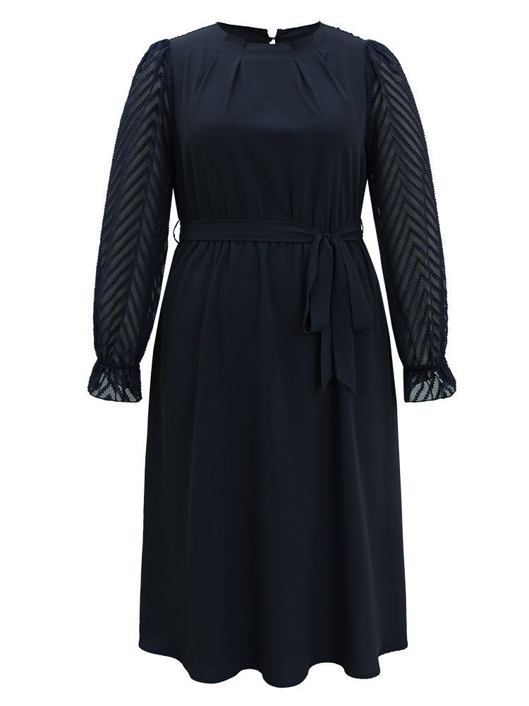 Twill Mesh Patchwork Belted Plicated Detail Dress-Sweetccc