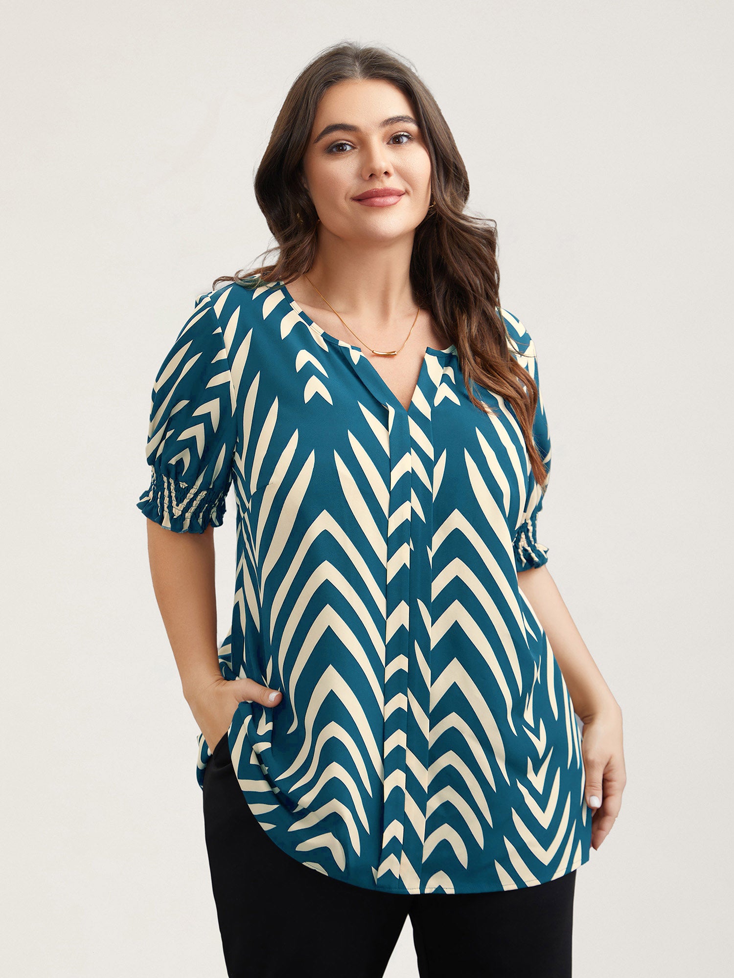 Geometric Print Ruffled Shirred Shirt-Sweetccc