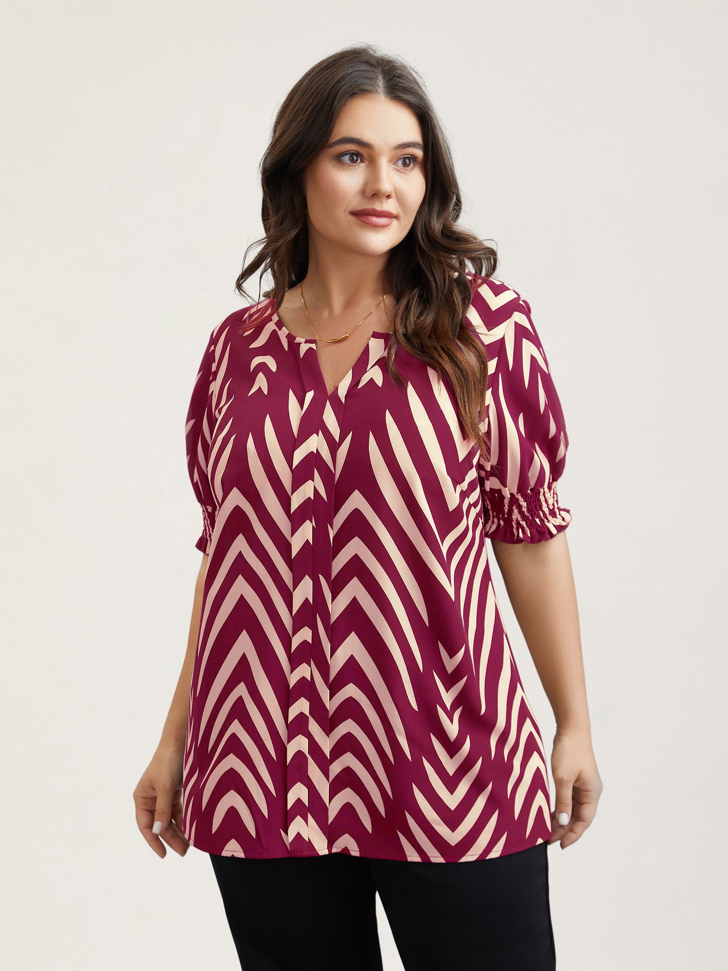Geometric Print Ruffled Shirred Shirt-Sweetccc