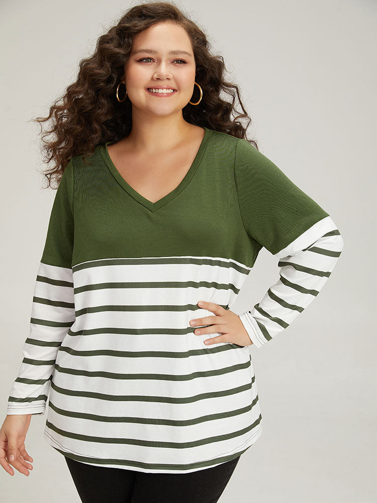 Striped Patchwork Contrast V Neck Sweatshirt-Sweetccc