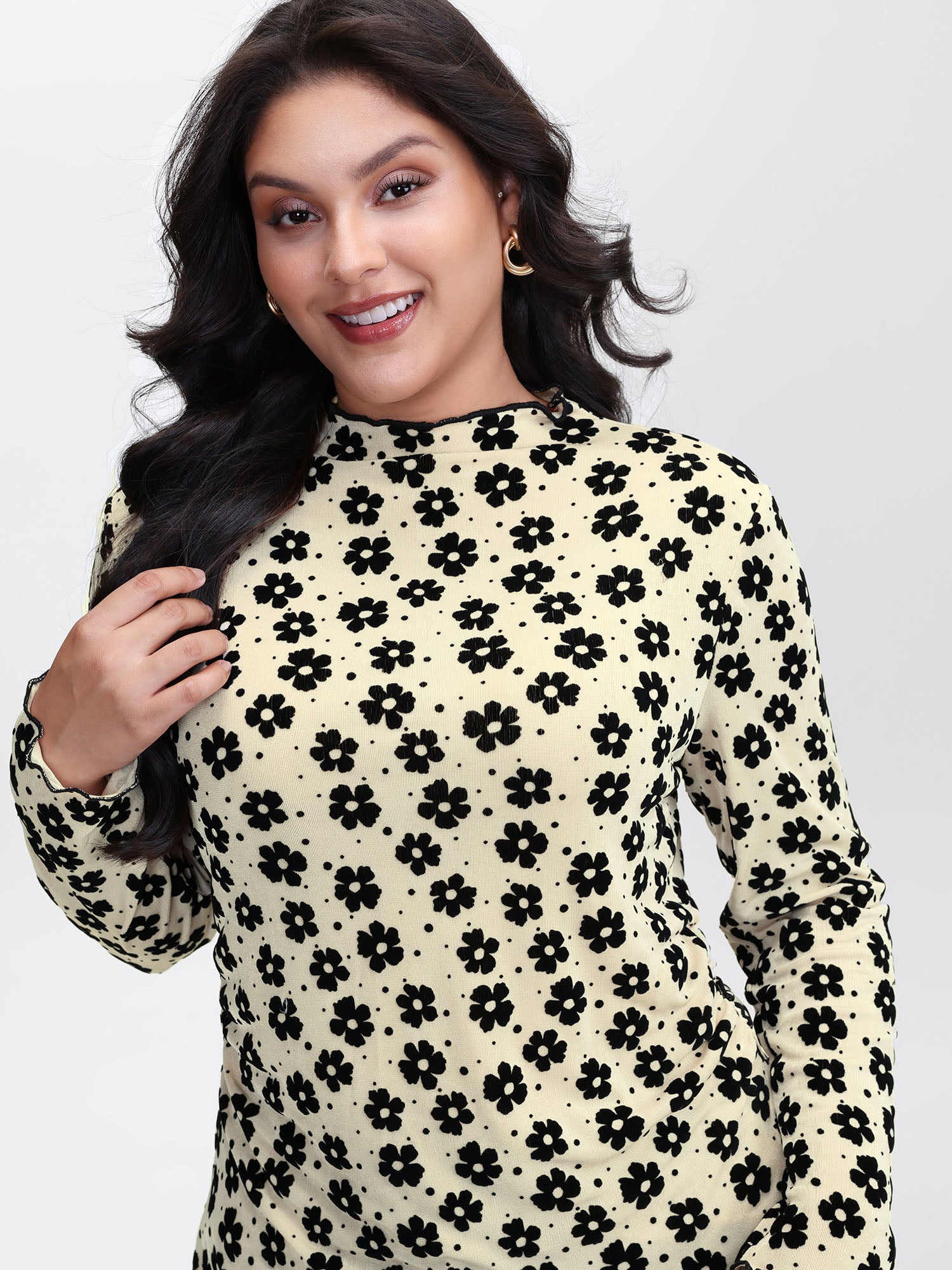 Floral Print Stretchy Mock Neck T-Shirt-Sweetccc