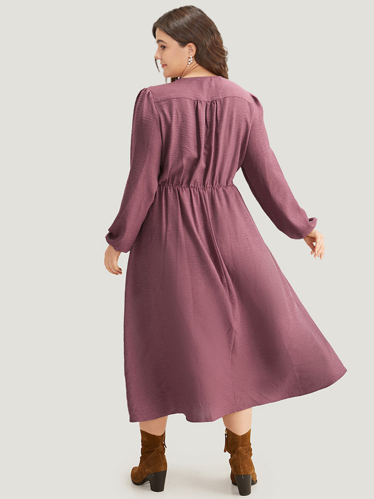 Twill Gathered Button Detail Lantern Sleeve Dress-Sweetccc