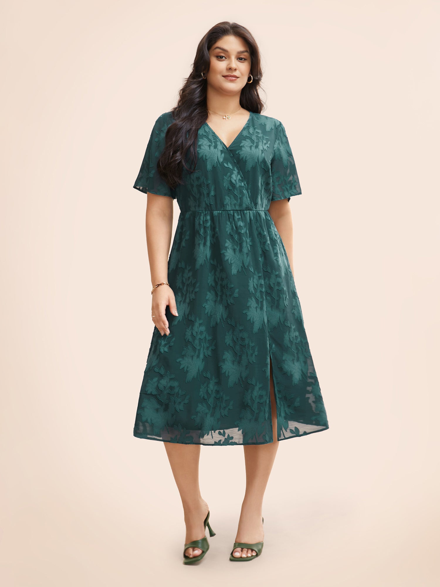 Overlap Collar Jacquard Split Hem Dress-Sweetccc