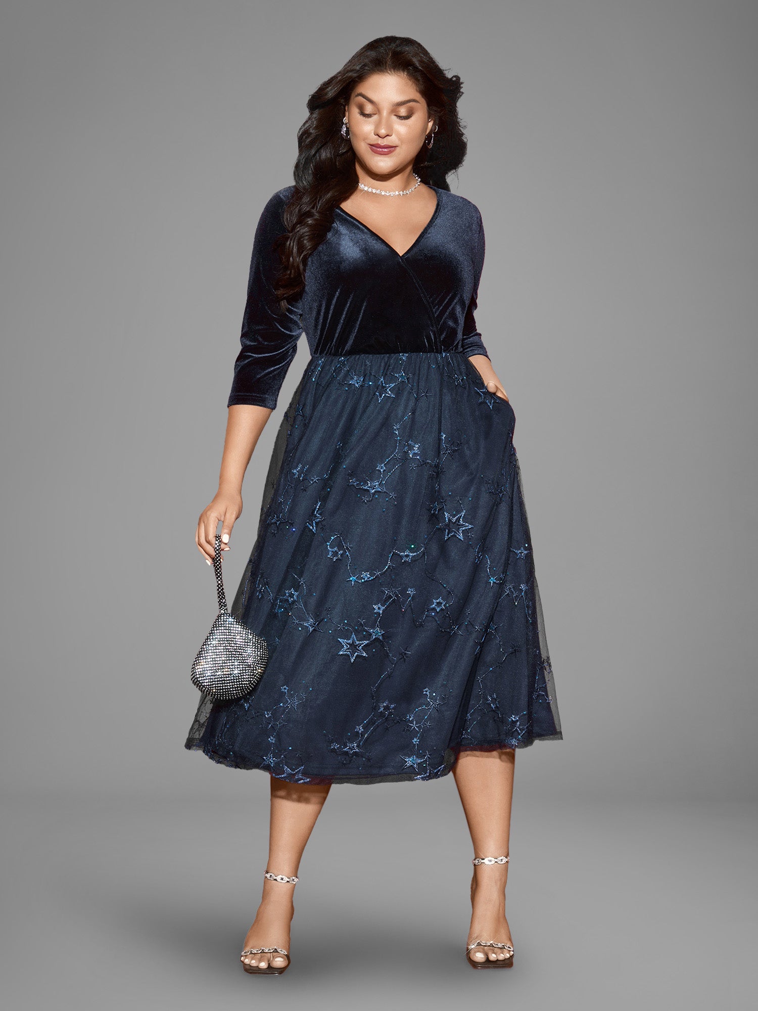 Velvet Star Mesh Surplice Neckline Midi Dress-Sweetccc