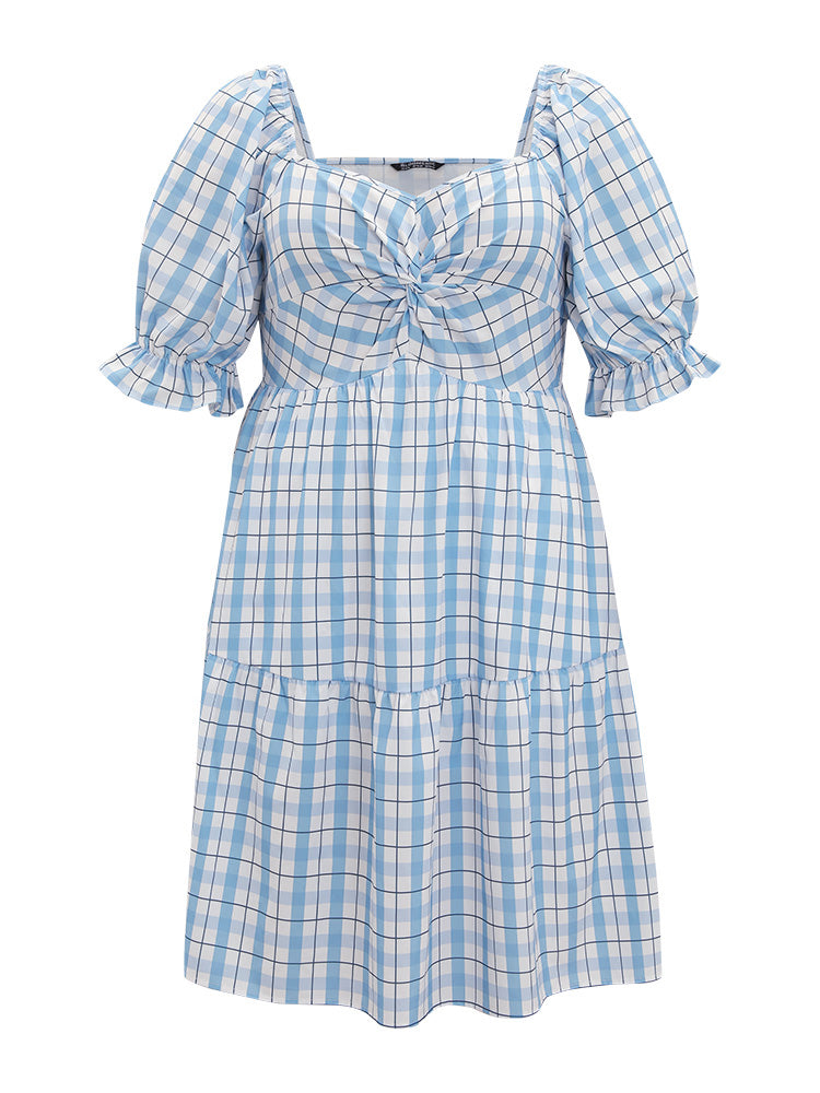 Twist Front Square Neck Ruffle Layered Hem Bell Sleeve Dress-Sweetccc