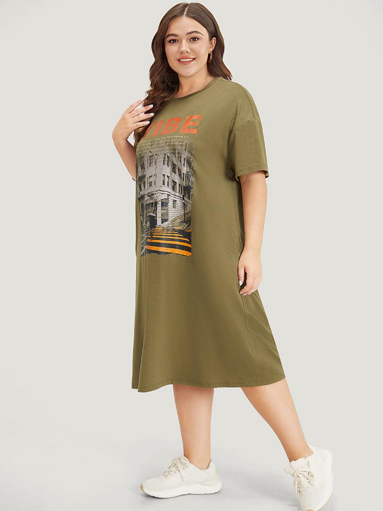 Letter & Graphic Print Pocket Crew Neck Dress-Sweetccc