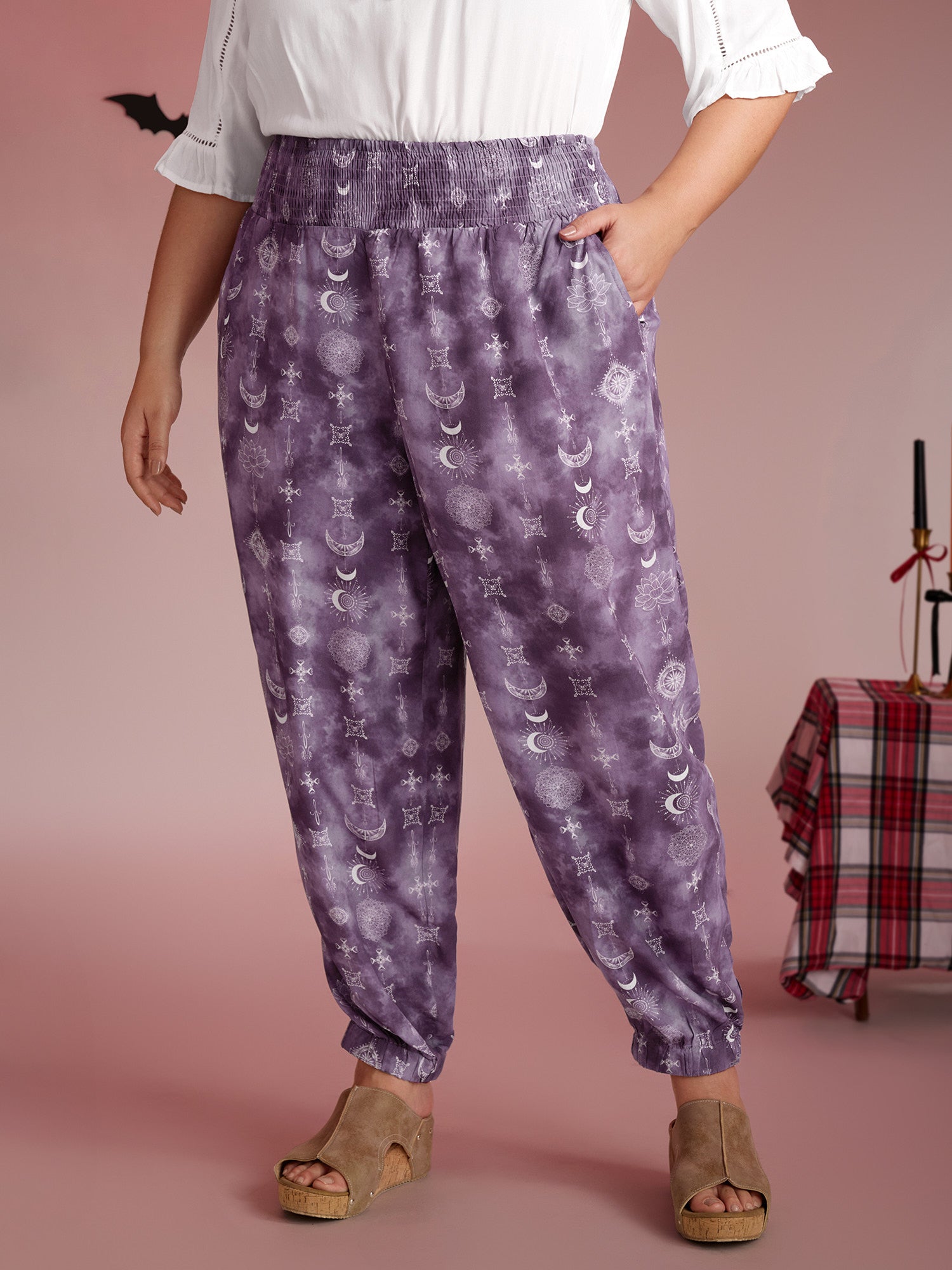 Starry Print Shirred Wide Waistband Pants-Sweetccc