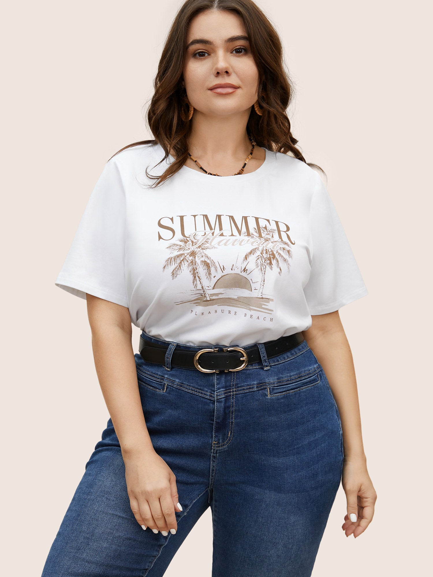 Tropical Landscape Print Round Neck T-shirt-Sweetccc