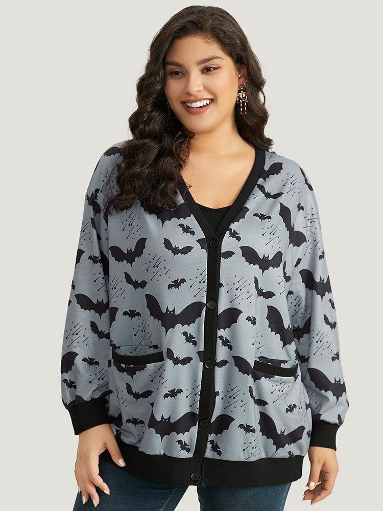 Halloween Bat Print Pocket Button Up Rib Knit Coat-Sweetccc