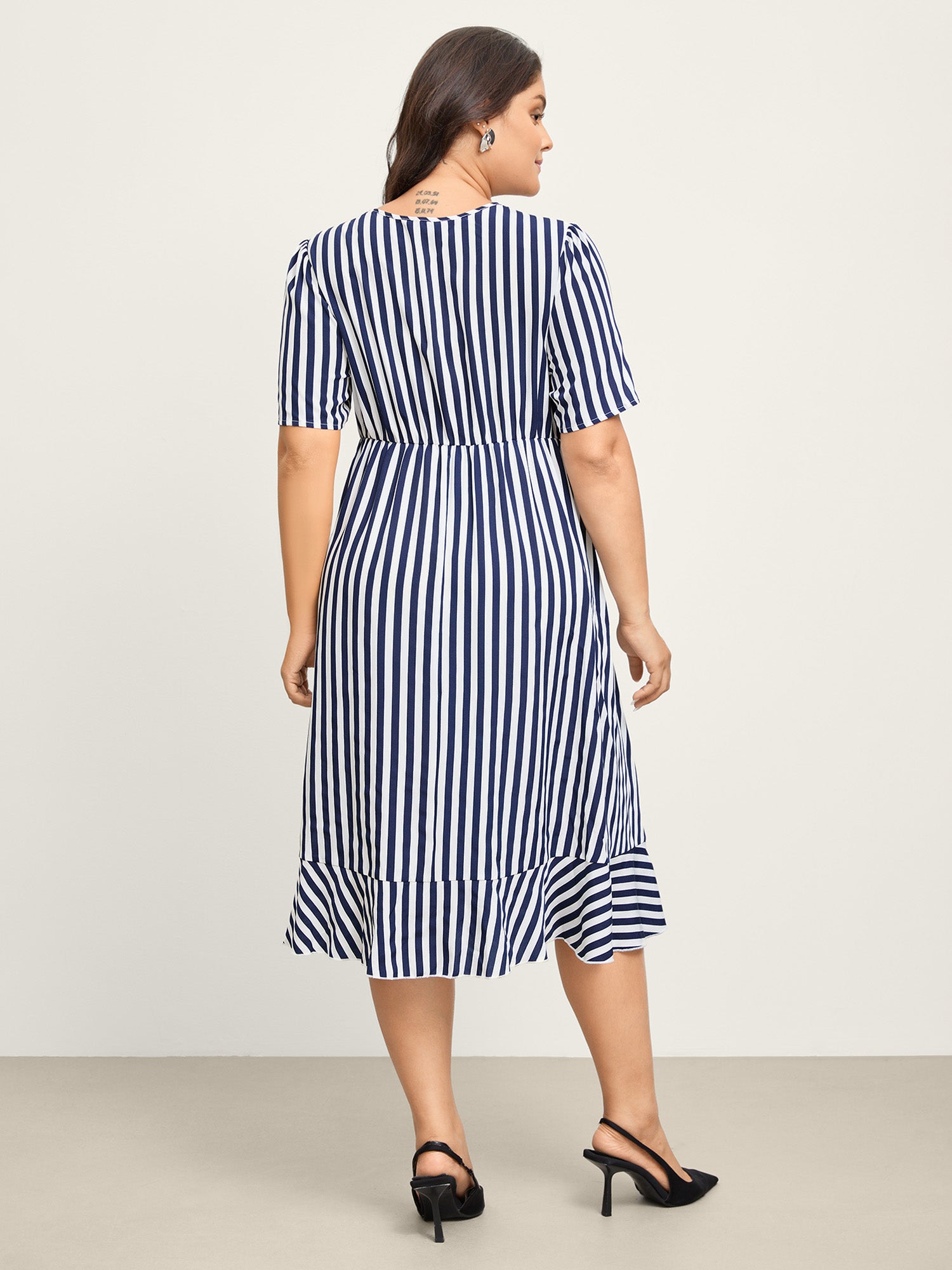 Irregular Stripes High-Waist Pockets Midi Dress-Sweetccc