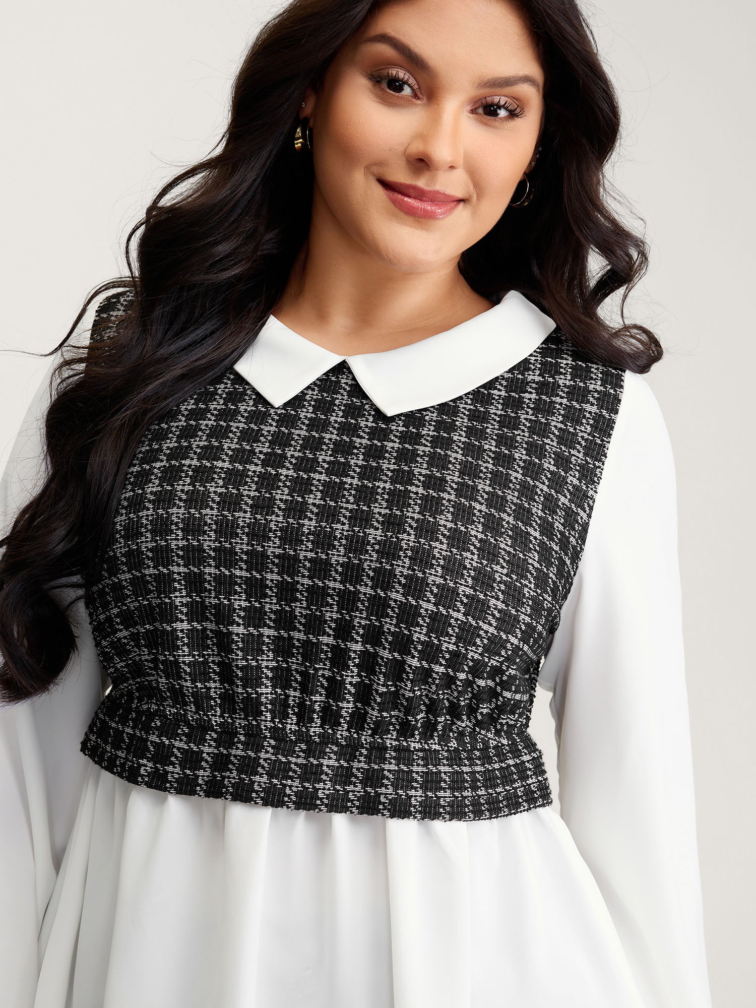 Houndstooth Pattern Color Contrast Blouse-Sweetccc