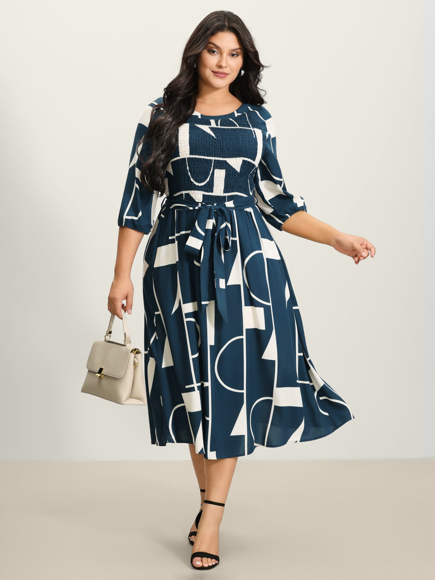 Supersoft Geometrical Print Shirred Bodice Tie Maxi Dress-Sweetccc