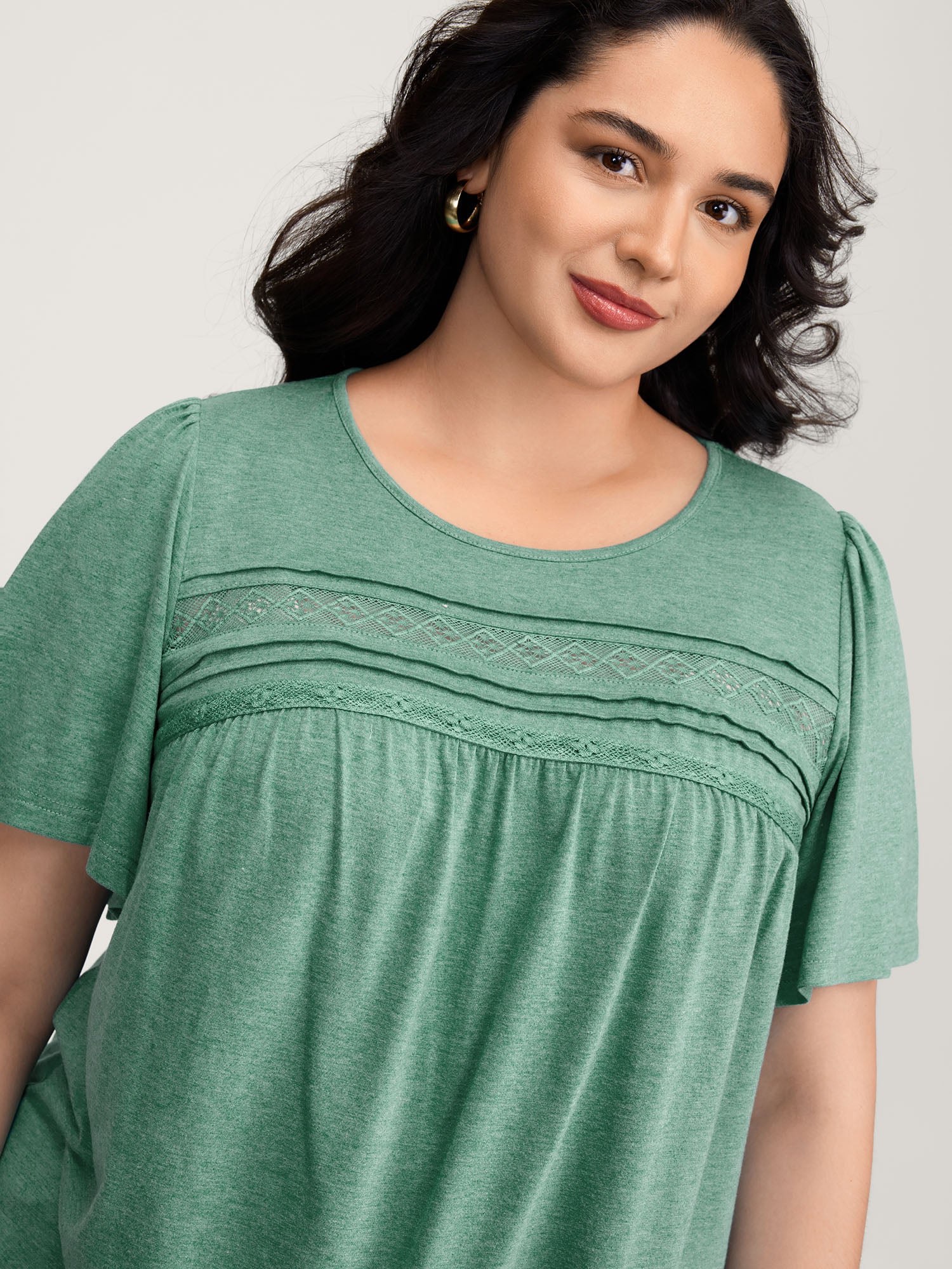 Supersoft Pleated Detail Lace Trim T-Shirt-Sweetccc