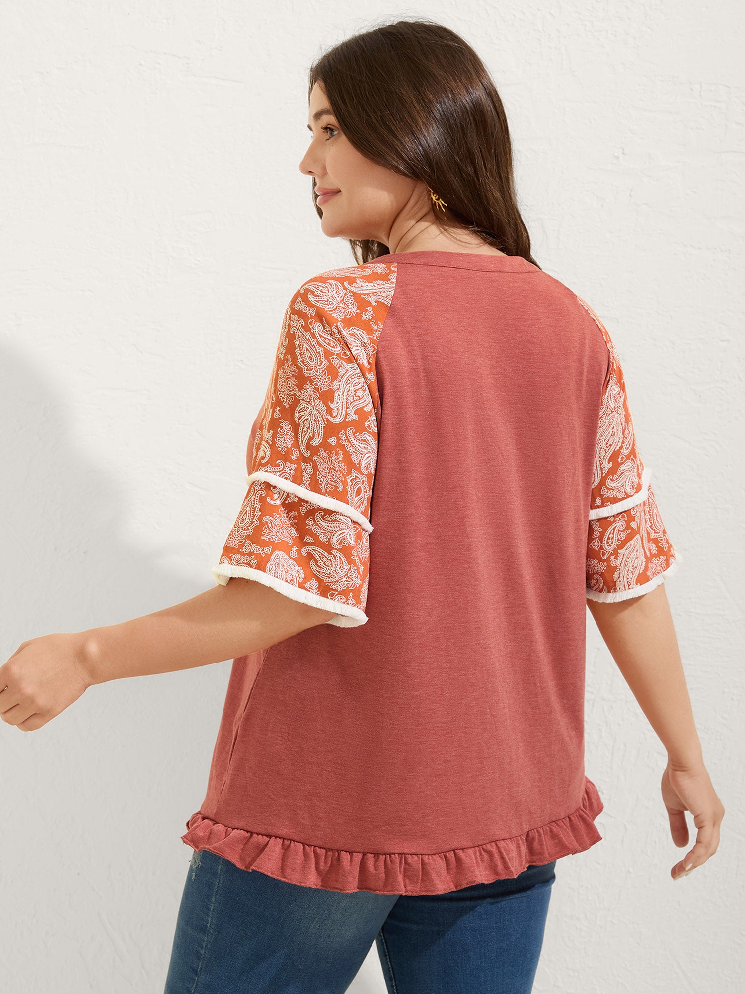 Supersoft Rayon Tassel Paisley Sleeve T-Shirt-Sweetccc