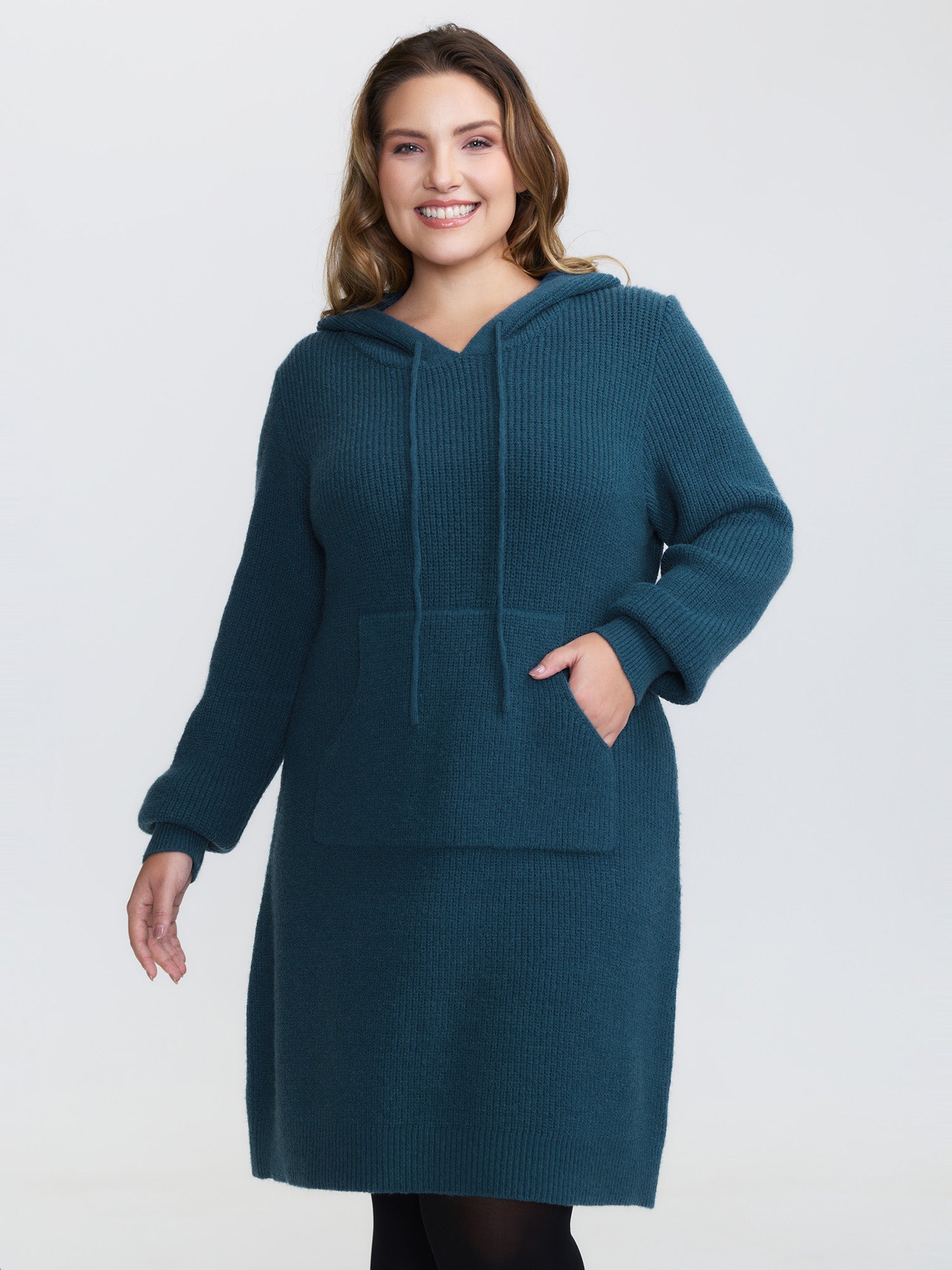 Hooded Textured Curvy Hem Sweater Dress-Sweetccc