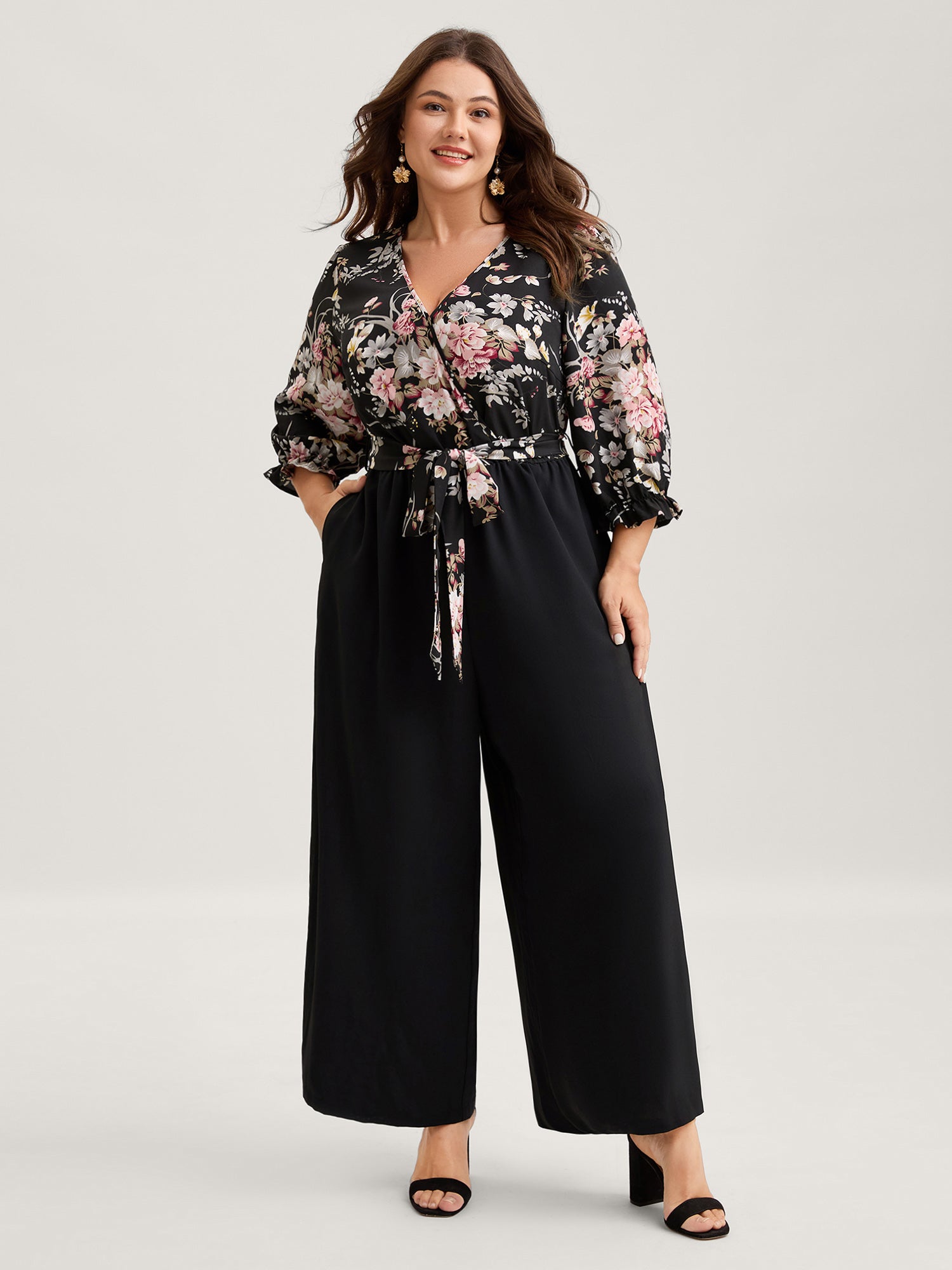 Floral Contrast Belted Wide-Leg Jumpsuit-Sweetccc