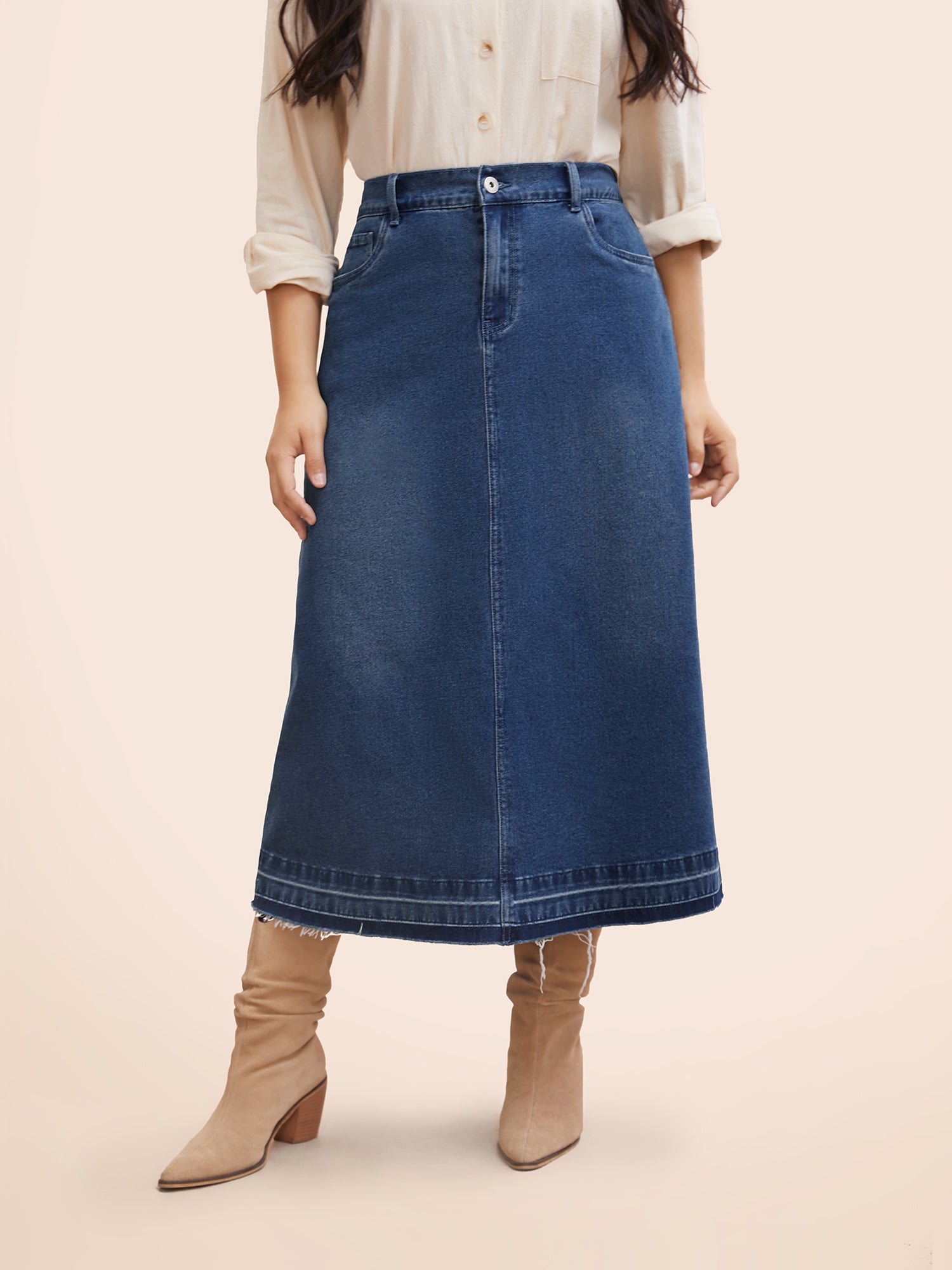 Stretch Denim Back Slit Midi Skirt-Sweetccc