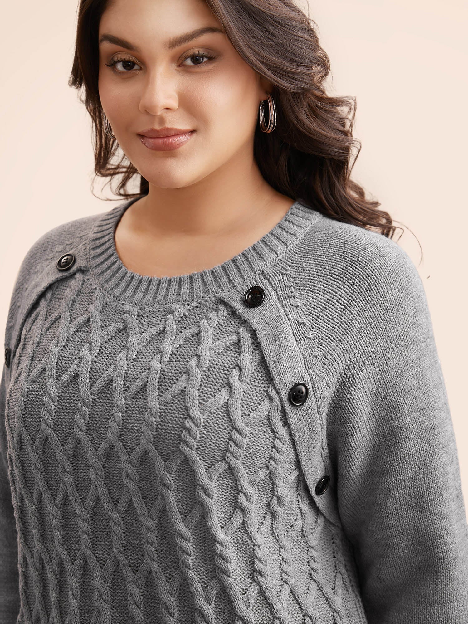 Texture Cable Knit Button Detail Pullover-Sweetccc