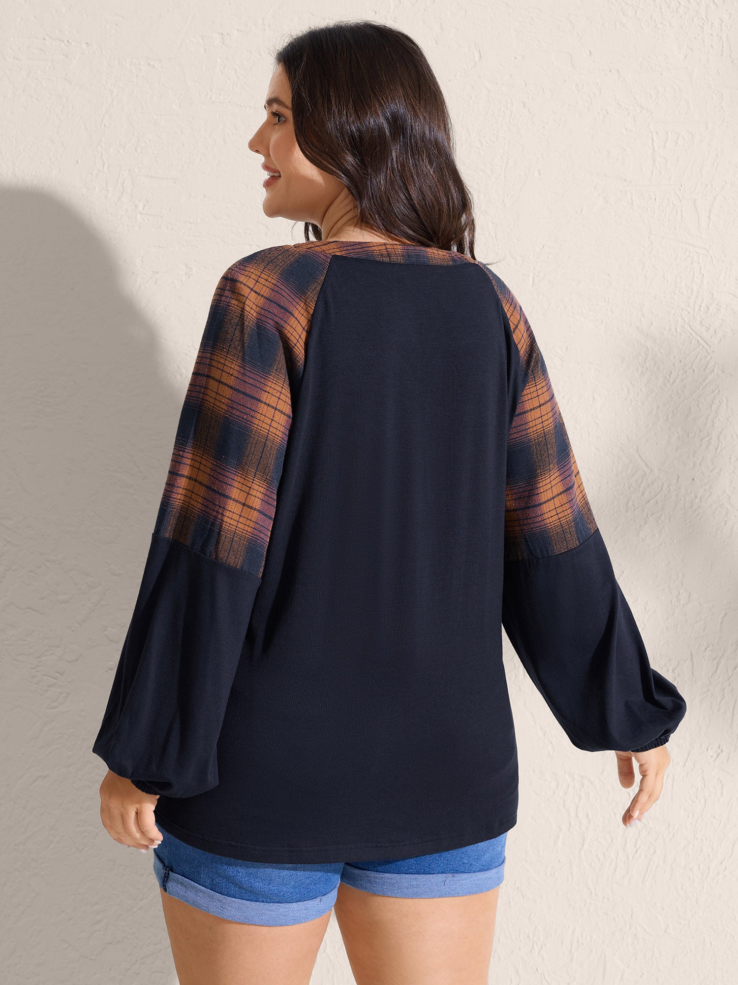 Stretchy Plaid Sleeve Split Neck T-Shirt-Sweetccc