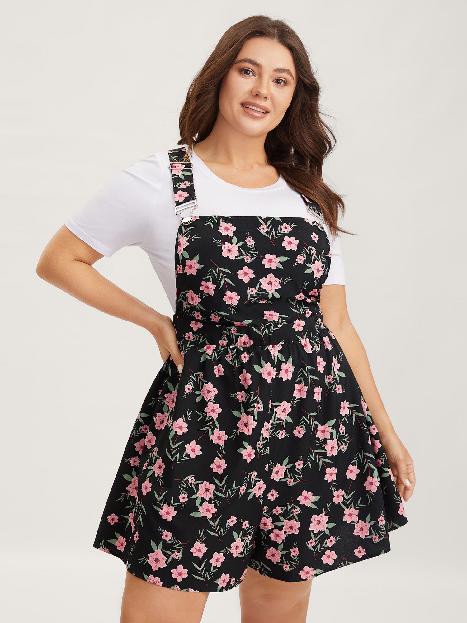 Floral Print Overall Straps Stretchy Romper-Sweetccc