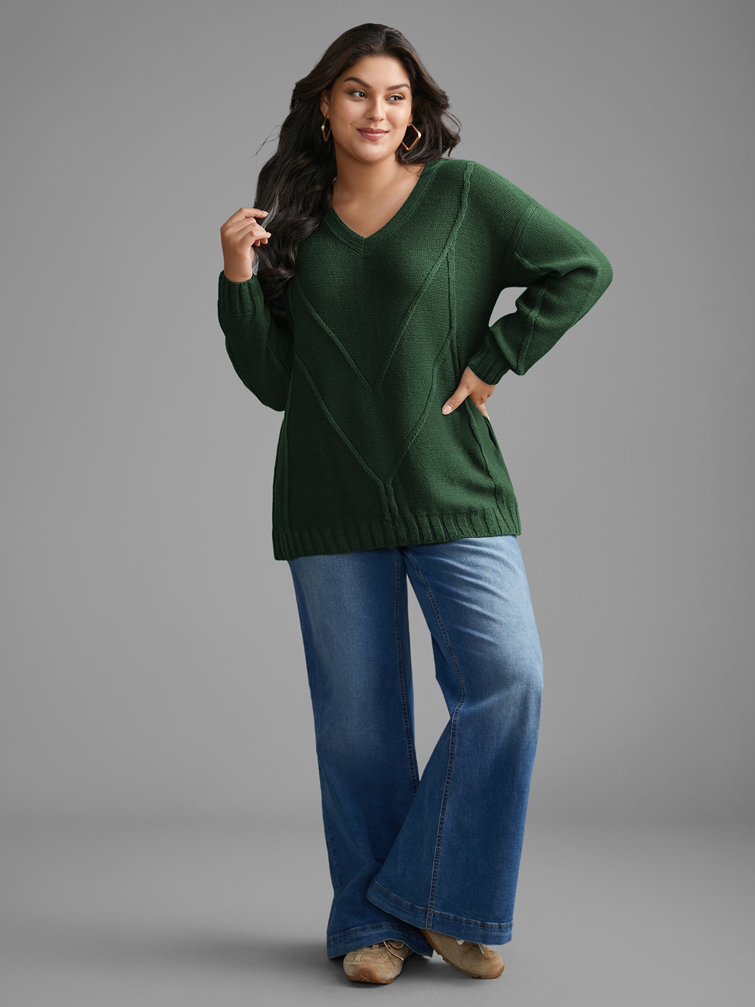 V Neck Cable Knit Texture Pullover-Sweetccc