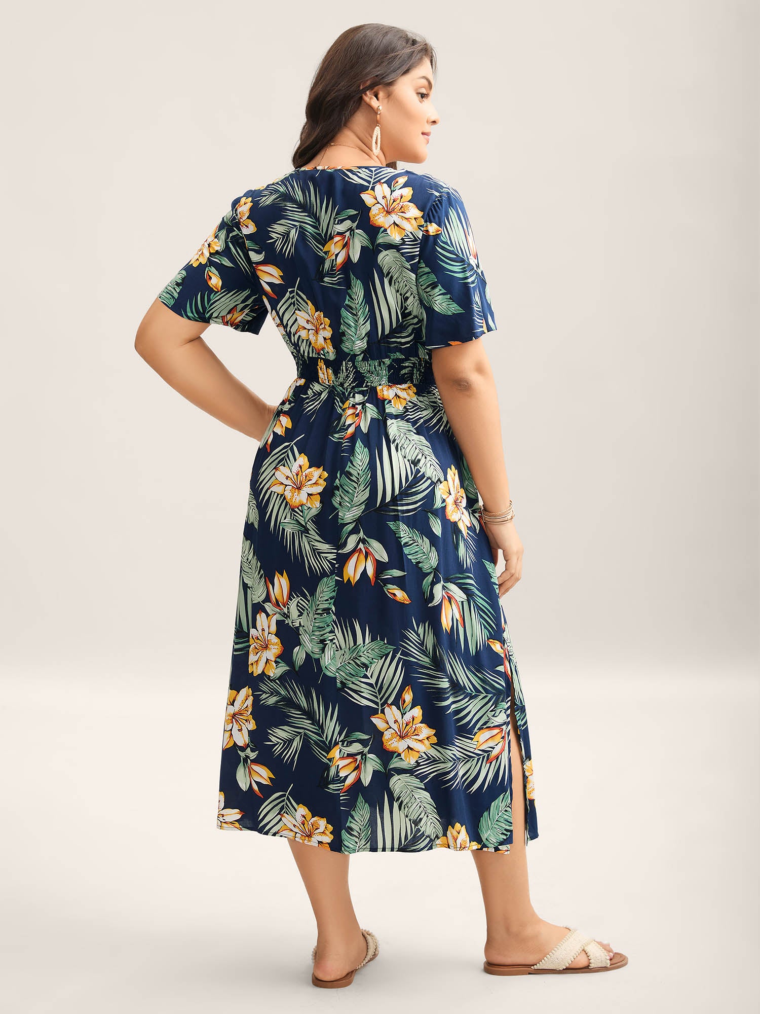Tropical Floral Print Shirred Waist Midi Dress-Sweetccc