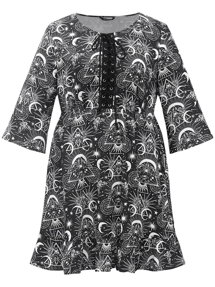 Halloween Moon & Star Lace Up Pocket Bell Sleeve Dress-Sweetccc