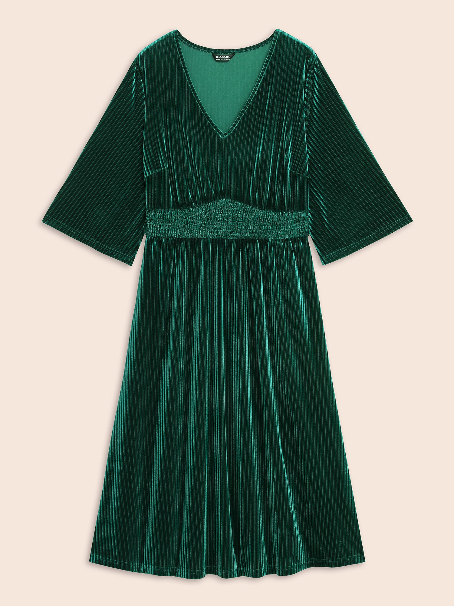 Velvet V-neck Ruched Skirt Midi Dress-Sweetccc