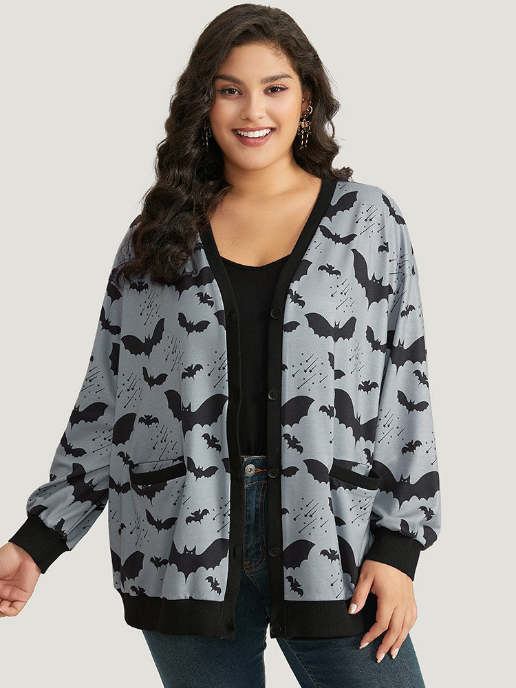 Halloween Bat Print Pocket Button Up Rib Knit Coat-Sweetccc