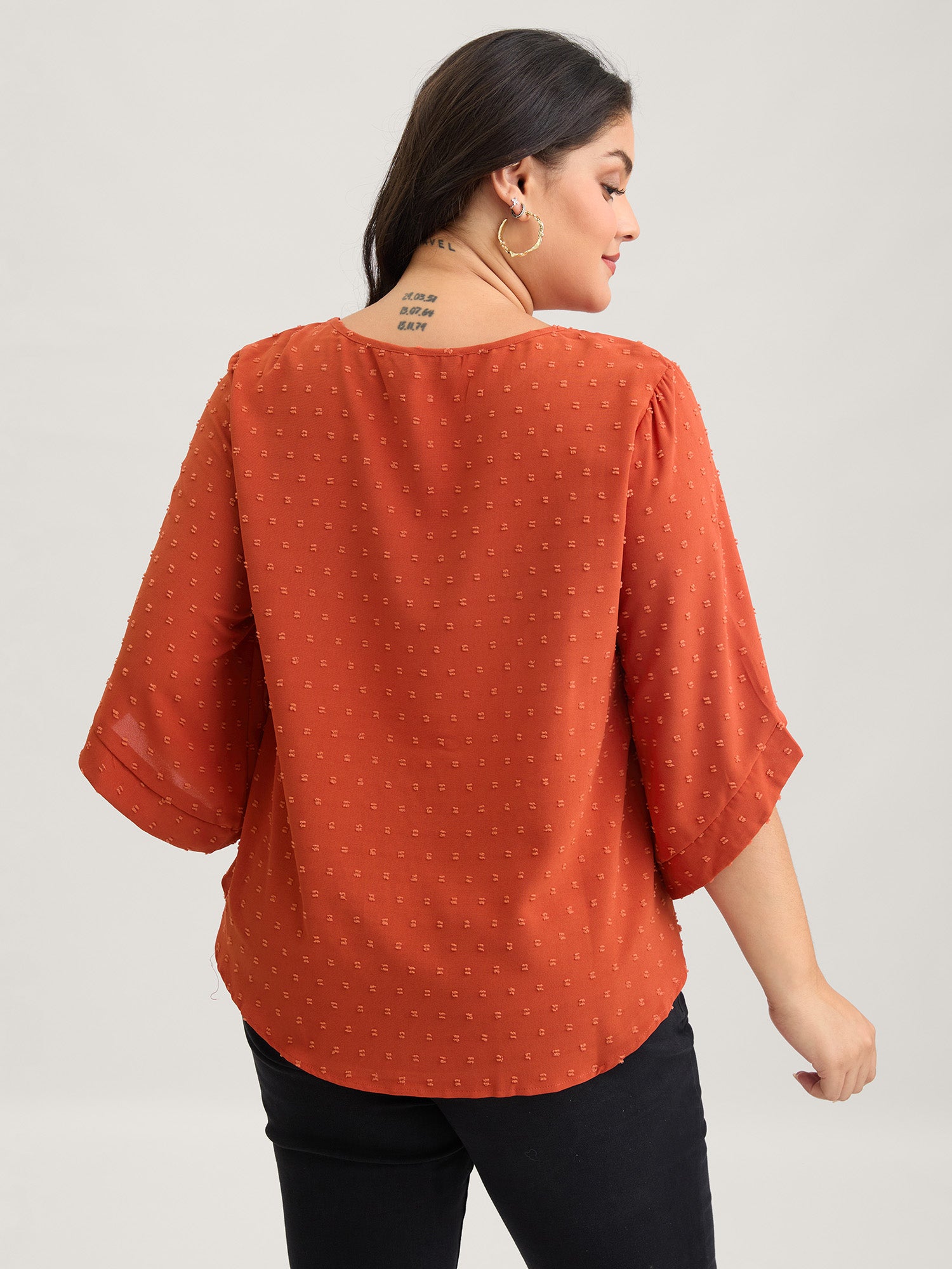 Textured Round Neck Bell Sleeve Blouse-Sweetccc