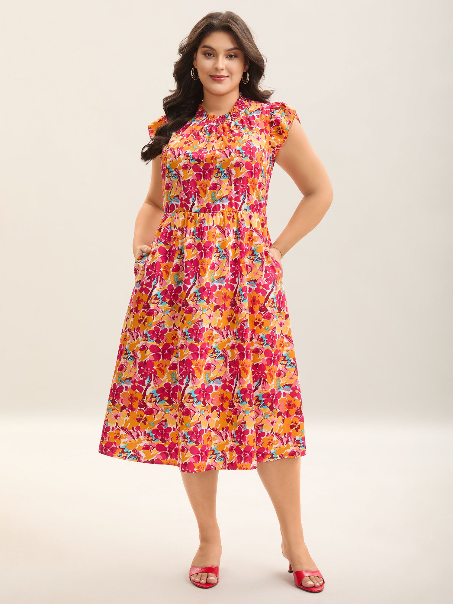 Floral Print Shirred Pockets Midi Dress-Sweetccc