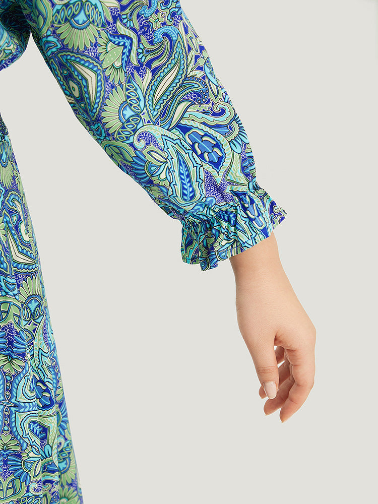 Paisley Print Shirred Flutter Trim Dress-Sweetccc