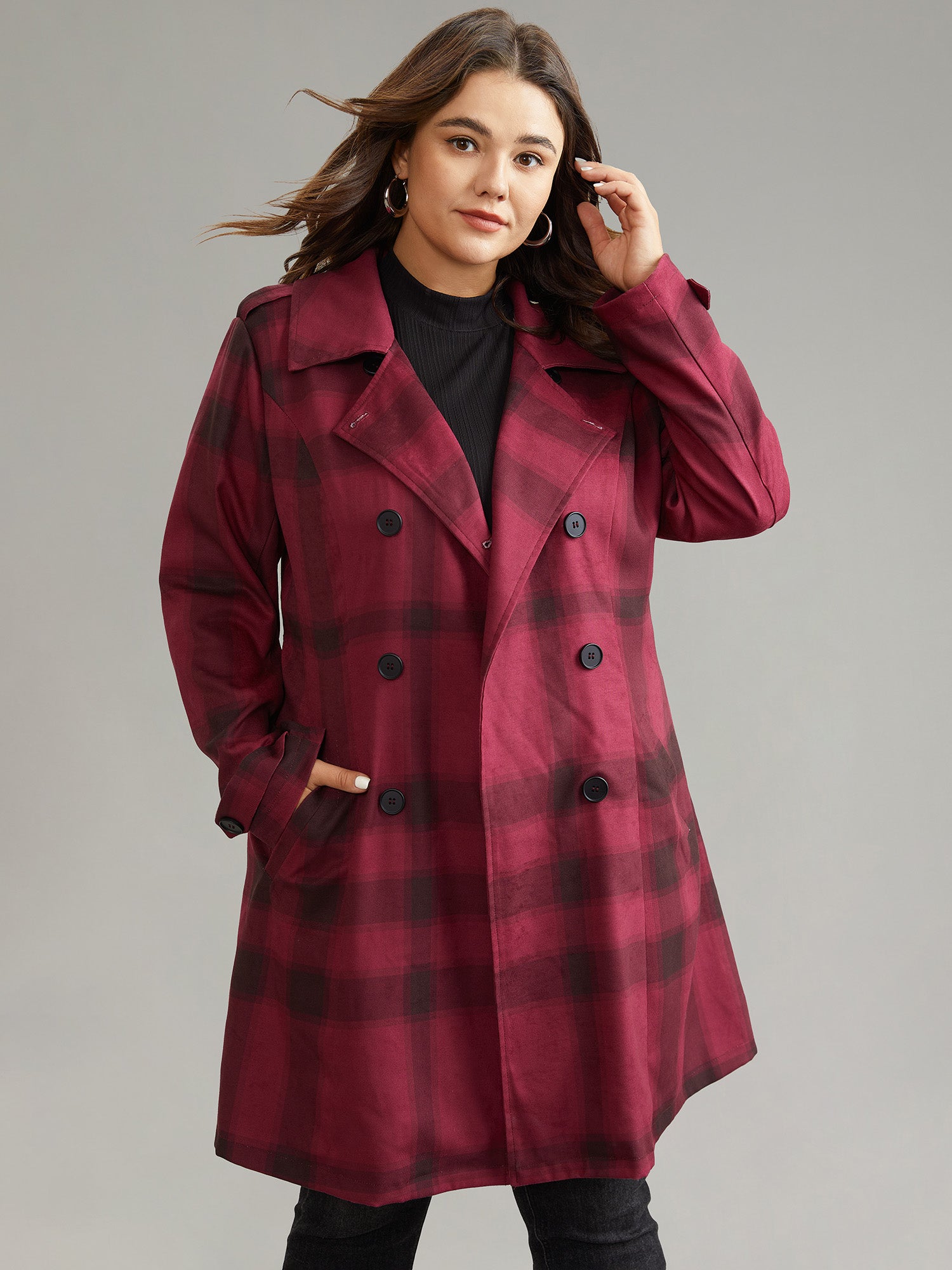 Lapel Collar Plaid Belted Double Breasted Coat-Sweetccc