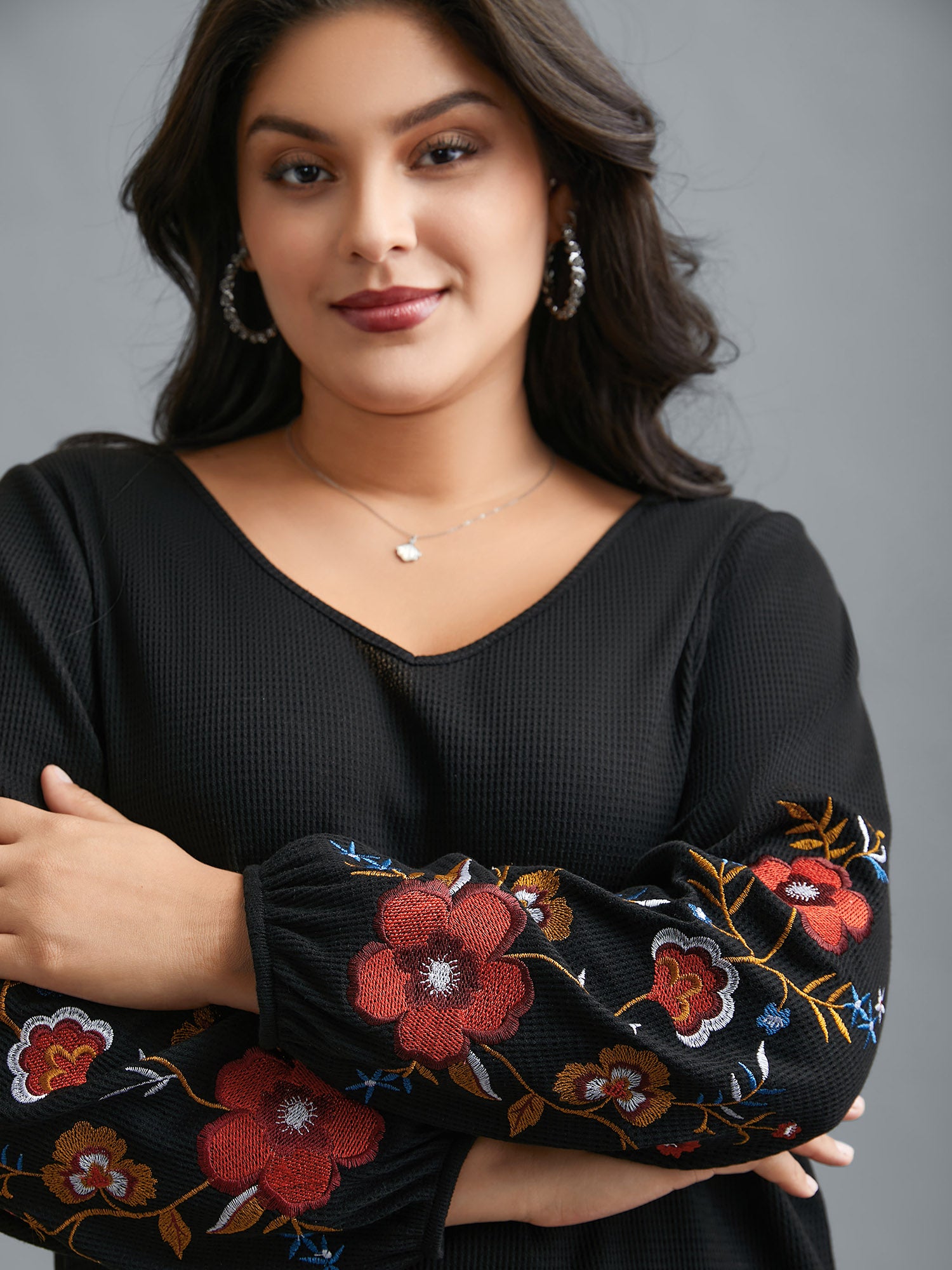 Waffle Knit Floral Embroidered Top-Sweetccc