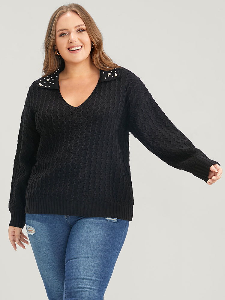 Solid Pointelle Knit Pearls Beaded Collar Neck Knit Top-Sweetccc