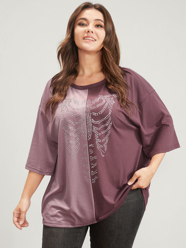 Halloween Skeleton Print Colorblock Contrast  T-shirt-Sweetccc