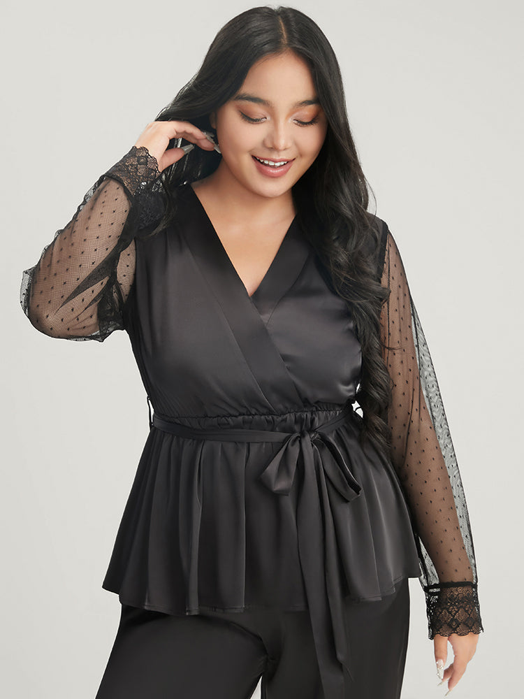 Solid Mesh Lace Wrap Belted Pajama Set-Sweetccc