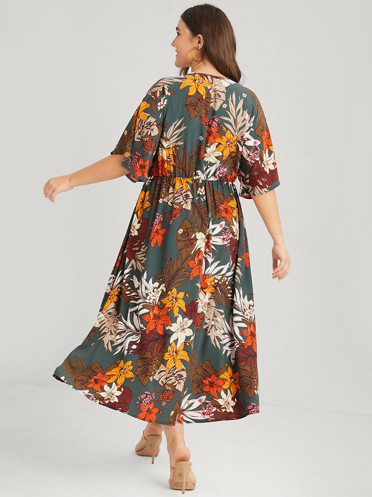 Floral V Neck Split Pleated Pocket Maxi Dress-Sweetccc