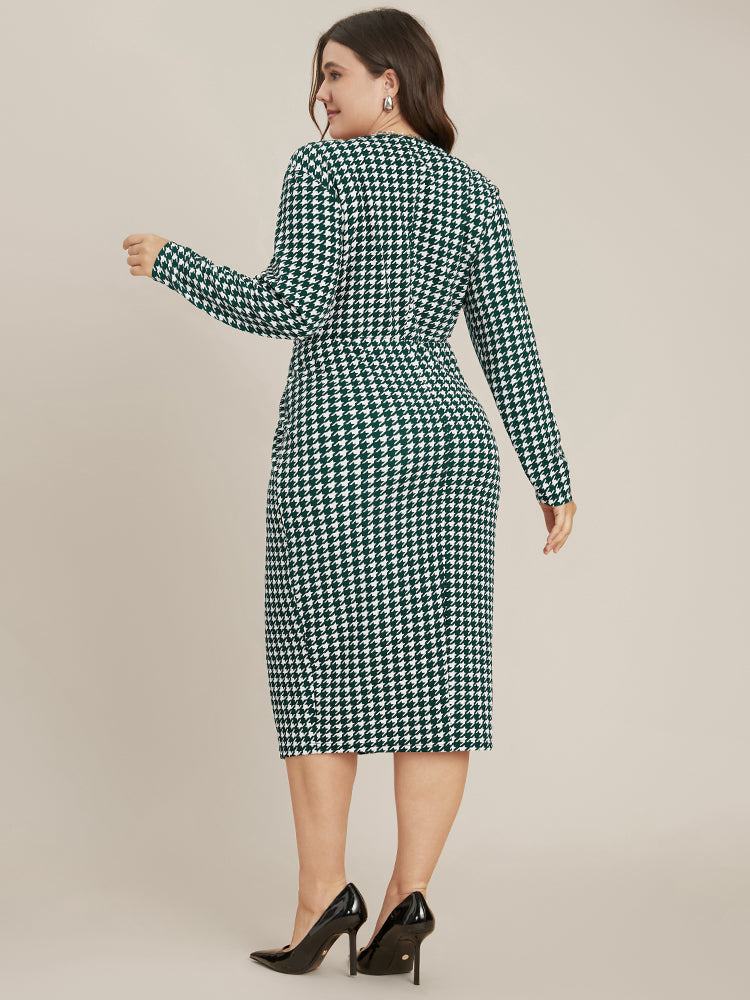 Houndstooth Print Wrap Bodycon Midi Dress Without Belt-Sweetccc