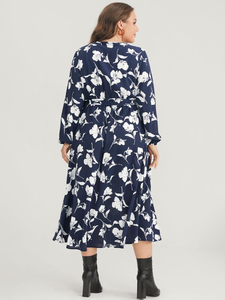 Floral Pocket Surplice Neck Belted Midi Dress-Sweetccc