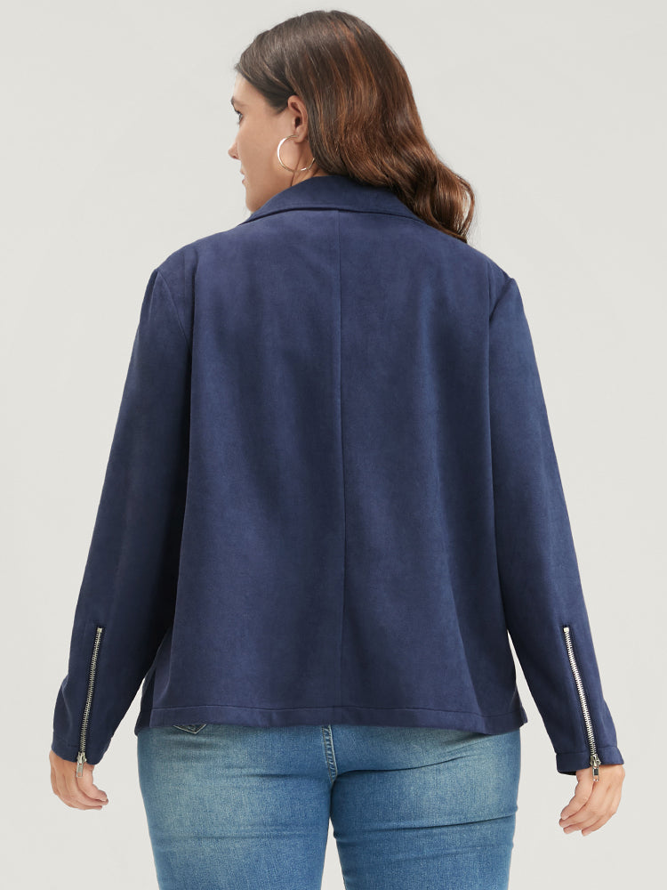 Solid Lapel Collar Pocket Zip Up Coat-Sweetccc